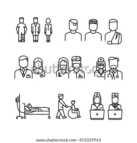 Doctor, patient, nurse thin line icons. Set of linear style doctor and nurse, vector woman and man doctors illustration Doctor, patient, nurse thin line icons. Set of linear style doctor and nurse, vector woman and man doctors illustration