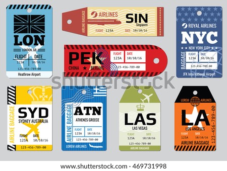 Vintage luggage tags, travel labels vector set. Badge for baggage, cardboard coupon illustration Vintage luggage tags, travel labels vector set. Badge for baggage, cardboard coupon illustration