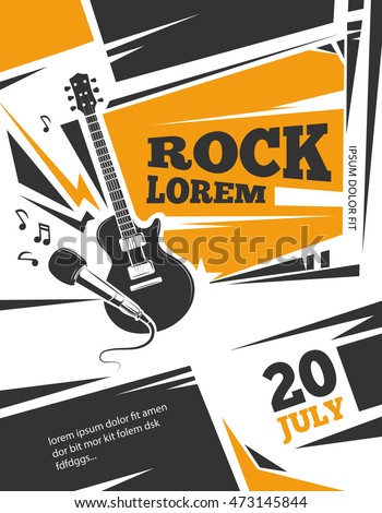Live music vector poster template. Rock concert with guitar, musical placard vintage illustration Live music vector poster template. Rock concert with guitar, musical placard vintage illustration