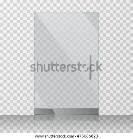 Transparent clear glass door isolated on transparent checkered background. Mock up entrance door for shop or fashion boutique. Vector illustration Transparent clear glass door isolated on transparent checkered background. Mock up entrance door for shop or fashion boutique. Vector illustration