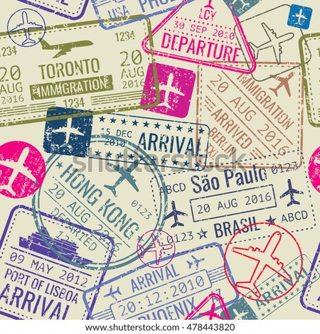 Vector seamless pattern with passport visa stamps. Background with immigration stamp and travel visa illustration Vector seamless pattern with passport visa stamps. Background with immigration stamp and travel visa illustration