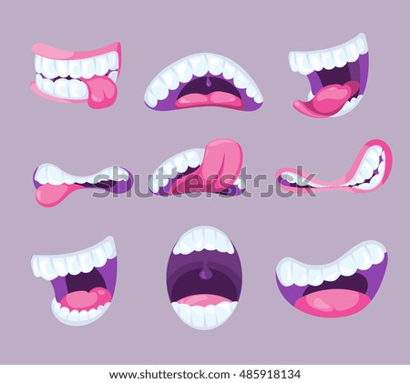 Funny vector comic mouths expressing different emotions. Fun pharynx with tooth and pink tongue illustration Funny vector comic mouths expressing different emotions. Fun pharynx with tooth and pink tongue illustration