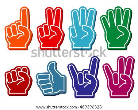Foam fingers vector set. Gesture victory and souvenir accessory illustration Foam fingers vector set. Gesture victory and souvenir accessory illustration