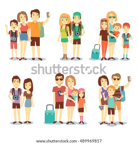Happy couple, family, people, tourists vector travelling cartoon characters. Family holiday journey, mother father and children illustration Happy couple, family, people, tourists vector travelling cartoon characters. Family holiday journey, mother father and children illustration