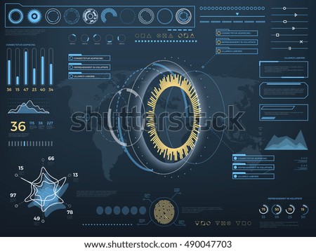 Future concept virtual touch user interface HUD. Vector interactive screen with control panel. Hightech futuristic computer with indicator illustration Future concept virtual touch user interface HUD. Vector interactive screen with control panel. Hightech futuristic computer with indicator illustration