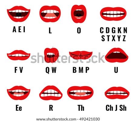 Cartoon character mouth and lips sync for sound pronunciation. Vector set animation frames. Teaching talk letters illustration Cartoon character mouth and lips sync for sound pronunciation. Vector set animation frames. Teaching talk letters illustration