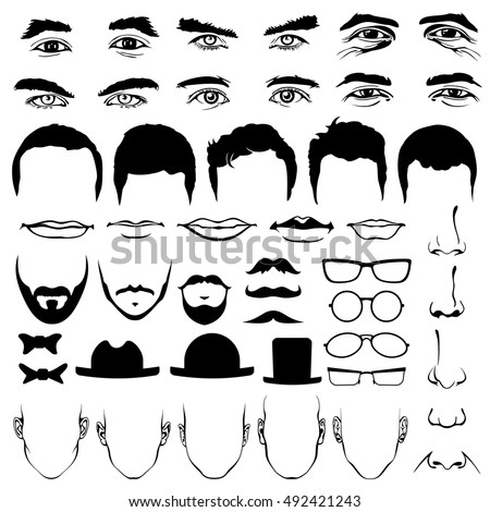 Man face eyes and noses, mustaches and glasses, hats and lips, ties and beards. Man head vector illustration elements Man face eyes and noses, mustaches and glasses, hats and lips, ties and beards. Man head vector illustration elements