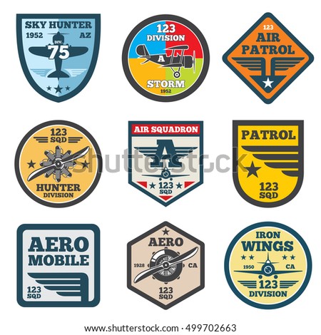 Army jet, aviation, air force vector labels, patch badges, emblems and logos set. Badge shield with wing illustration Army jet, aviation, air force vector labels, patch badges, emblems and logos set. Badge shield with wing illustration