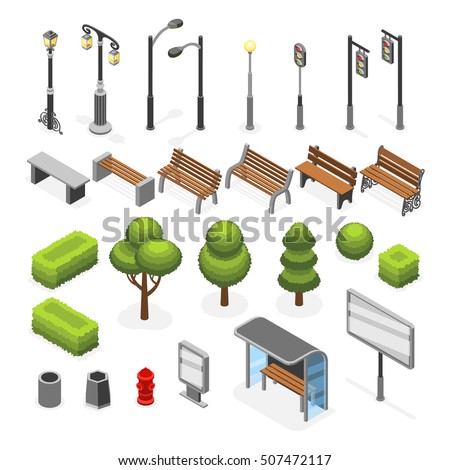 Isometric city street outdoor objects vector set Isometric city street outdoor objects vector set