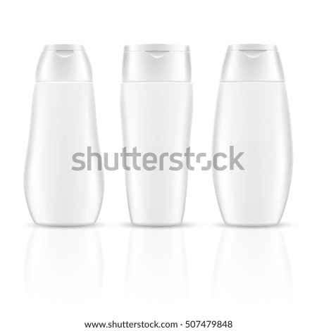 White blank shampoo bottles cosmetic container packages vector mockups. Realistic product for care health and clean body illustration White blank shampoo bottles cosmetic container packages vector mockups. Realistic product for care health and clean body illustration
