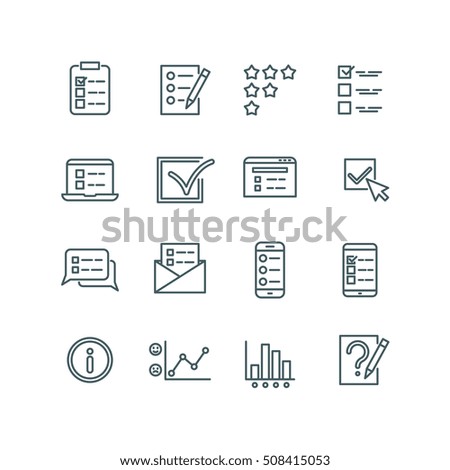 Online test, internet quiz, questionnaire, survey, exam, quizzes thin line vector icons. Linear checklist for feedback, stats list illustration Online test, internet quiz, questionnaire, survey, exam, quizzes thin line vector icons. Linear checklist for feedback, stats list illustration