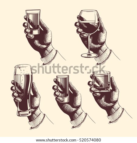 Hands holding glasses with drinks beer, tequila, vodka, rum, whiskey, wine. vector engraved illustration Hands holding glasses with drinks beer, tequila, vodka, rum, whiskey, wine. vector engraved illustration
