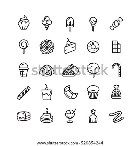 Desserts, sweets, ice cream, muffin, cakes, cupcake thin line icons Desserts, sweets, ice cream, muffin, cakes, cupcake thin line icons