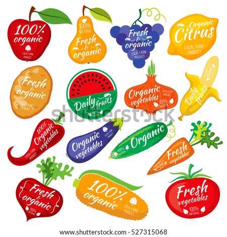 Fruit and vegetables color silhouettes, logo for food store packaging. Fruit and vegetables color silhouettes, logo for food store packaging.
