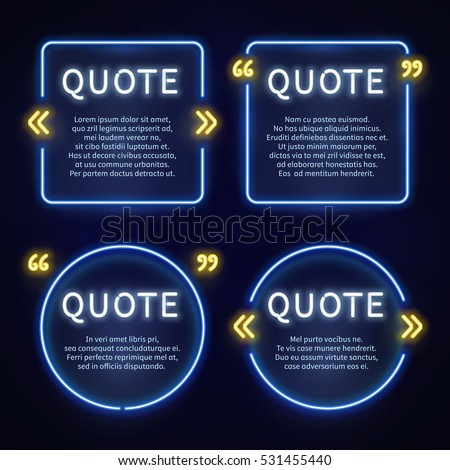 Neon light box 80s frames with quote marks vector set Neon light box 80s frames with quote marks vector set