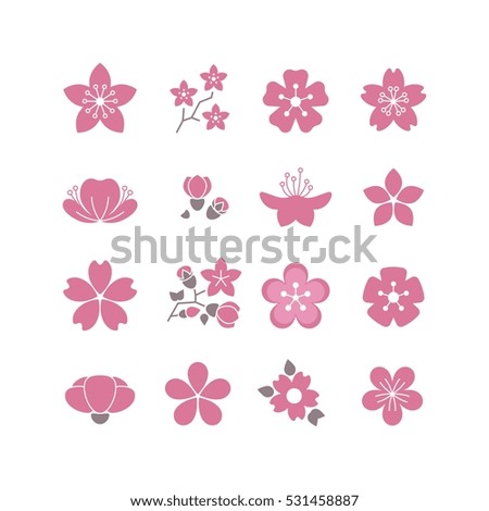 Cherry pink flower, spring sakura blossom vector icon set Cherry pink flower, spring sakura blossom vector icon set