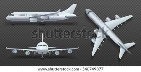 Aircraft, airplane, airliner in different point of view vector. Set of air plane front side and top illustration. Aircraft, airplane, airliner in different point of view vector. Set of air plane front side and top illustration.