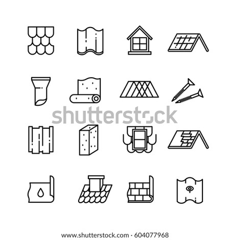 Roof, housetop construction materials, waterproofing thin vector icons Roof, housetop construction materials, waterproofing thin vector icons