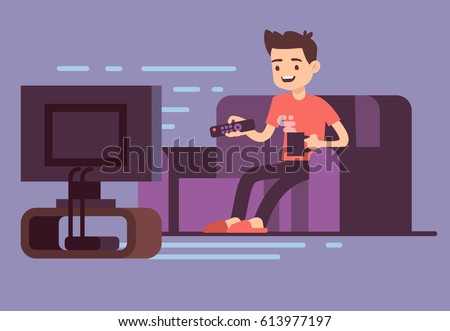 Man watching TV and drinking coffee on sofa in home room interior vector illustration. Man on sofa watch tv, illustration of male in room with tv screen Man watching TV and drinking coffee on sofa in home room interior vector illustration. Man on sofa watch tv, illustration of male in room with tv screen