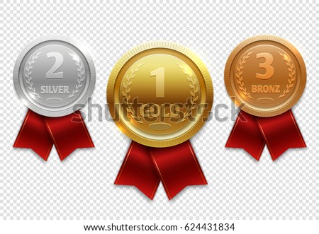 Champion gold, silver and bronze award medals with red ribbons Champion gold, silver and bronze award medals with red ribbons