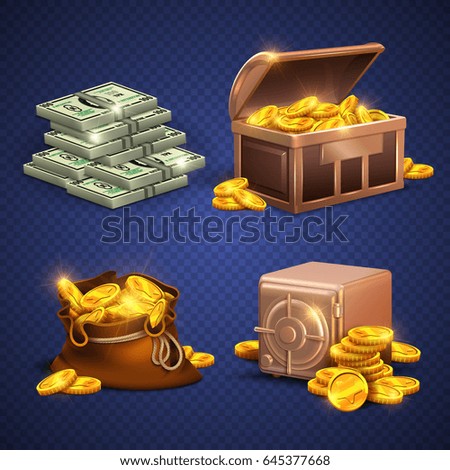 Casino vector 3d signs and money icons. Dollars, gold coins in safe deposit and moneybag Casino vector 3d signs and money icons. Dollars, gold coins in safe deposit and moneybag