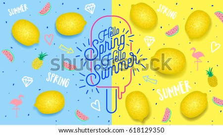 Spring Summer poster, banner in trendy 80s-90s Memphis style. Lemon vector illustration, lettering and colorful design for poster, card, invitation. Easy editable for Your design. Spring Summer poster, banner in trendy 80s-90s Memphis style. Lemon vector illustration, lettering and colorful design for poster, card, invitation. Easy editable for Your design.