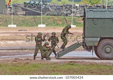 ZHUKOVSKY, RUSSIA - JULY 1: troopers dismount KAMAZ-63968 Typhoon truck on the