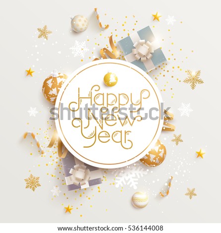 Happy New Year greeting card with gifts, balls and snowflake Happy New Year greeting card with gifts, balls and snowflake