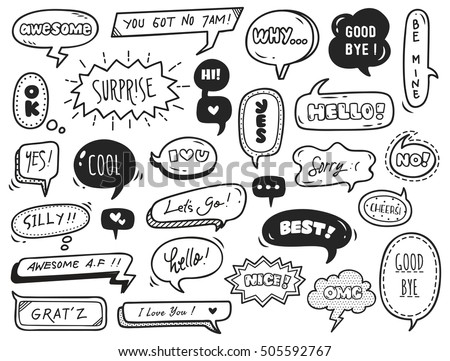 set of cute speech bubble with text in doodle style set of cute speech bubble with text in doodle style