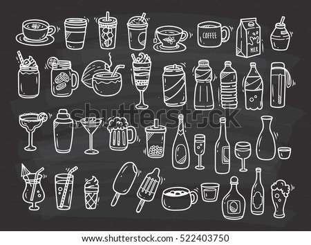 Beverages doodle set on chalkboard background Beverages doodle set on chalkboard background