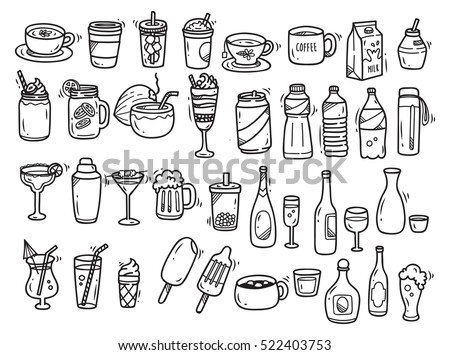 Beverages doodle set on white background Beverages doodle set on white background