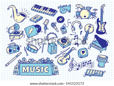 set of music instrument in doodle style on paper background set of music instrument in doodle style on paper background
