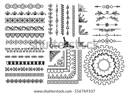 Set of border, brush, frame, page divider in doodle style Set of border, brush, frame, page divider in doodle style