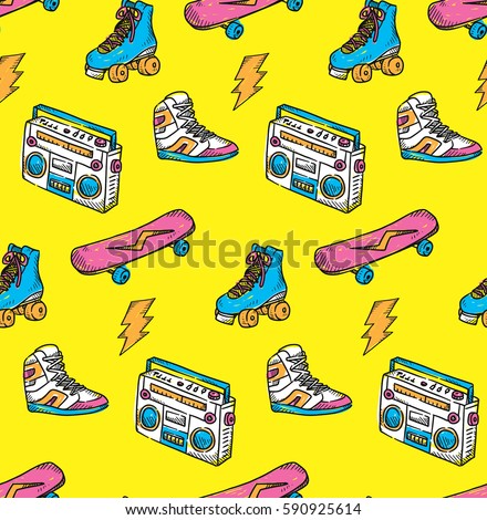 Vintage theme background with sneakers radio skateboard and roller skate Vintage theme background with sneakers radio skateboard and roller skate