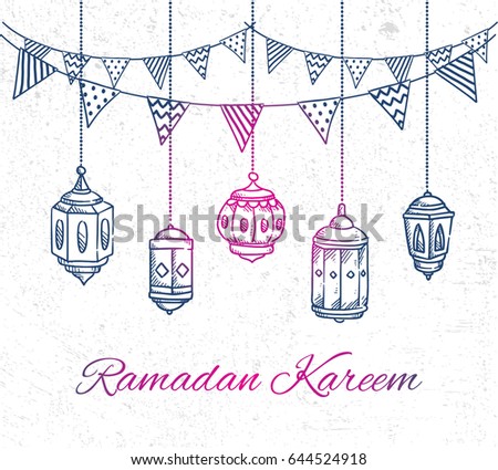 Ramadan greeting card with hand drawn lantern and bunting flag on grunge background Ramadan greeting card with hand drawn lantern and bunting flag on grunge background
