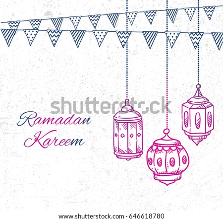 Ramadan greeting card with hand drawn lantern and bunting flag on grunge background Ramadan greeting card with hand drawn lantern and bunting flag on grunge background