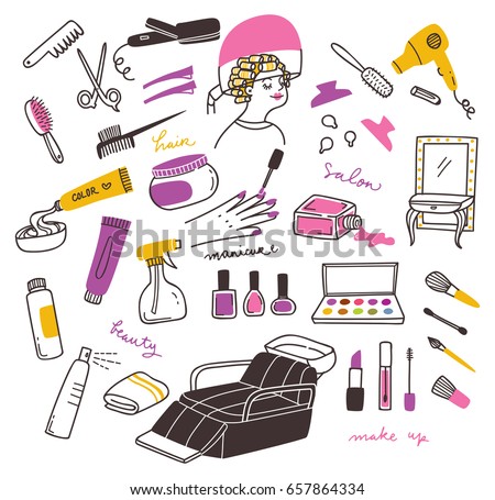 Set of beauty salon doodle with make up tools Set of beauty salon doodle with make up tools