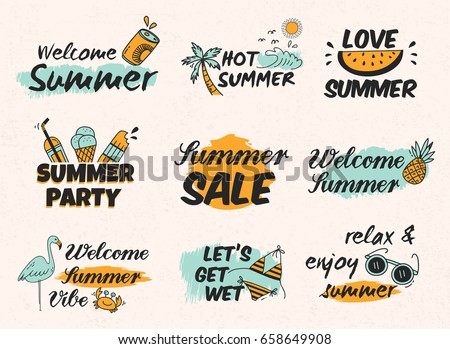 Set of vintage hand drawn summer labels Set of vintage hand drawn summer labels