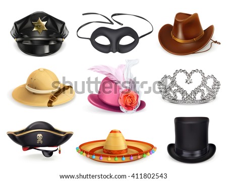 Hats set, collection of headgear, vector icons - stock vector Hats set, collection of headgear, vector icons - stock vector