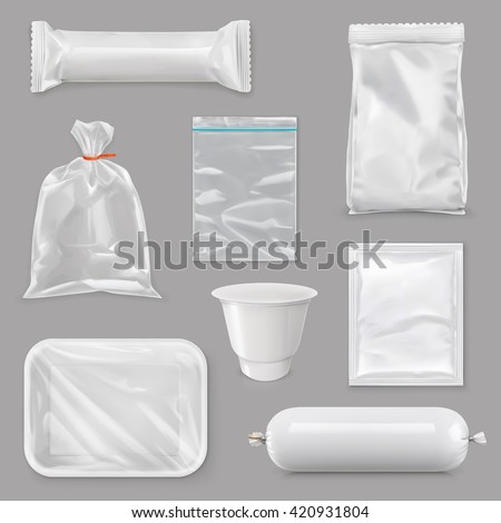 Food packaging for different snack products, design pack template for branding, plastic retail package, sachet, packet, bag, pouch, box, white foil, sack, tray made of plastic, vector set mock up - stock vector Food packaging for different snack products, design pack template for branding, plastic retail package, sachet, packet, bag, pouch, box, white foil, sack, tray made of plastic, vector set mock up - stock vector