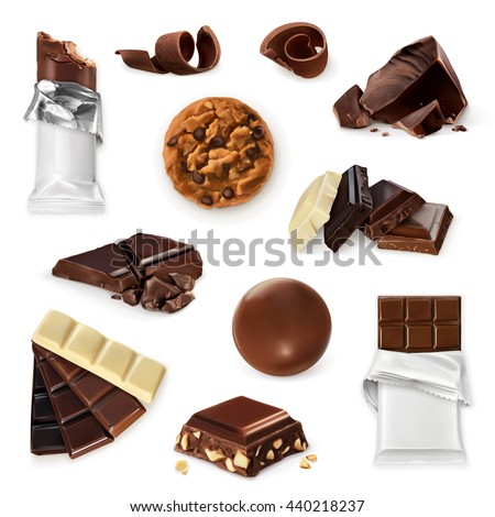 Chocolate, vector icon set. Different kinds of cacao products: energy bar, candy, chocolate pieces, slices, shavings, cookie. Delicious collection for dessert, advertising illustration for sweet shop - stock vector Chocolate, vector icon set. Different kinds of cacao products: energy bar, candy, chocolate pieces, slices, shavings, cookie. Delicious collection for dessert, advertising illustration for sweet shop - stock vector