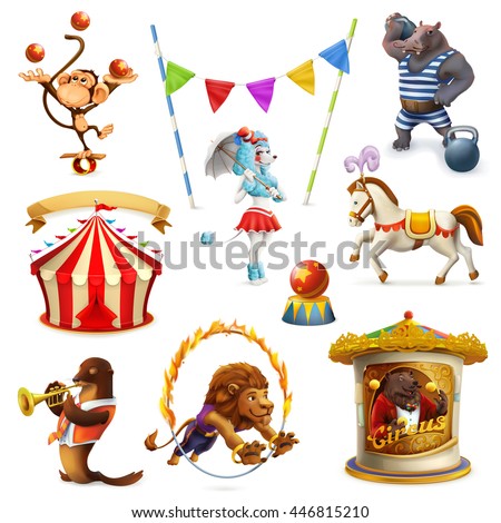 Circus, funny animals, set of vector icons, mesh - stock vector Circus, funny animals, set of vector icons, mesh - stock vector