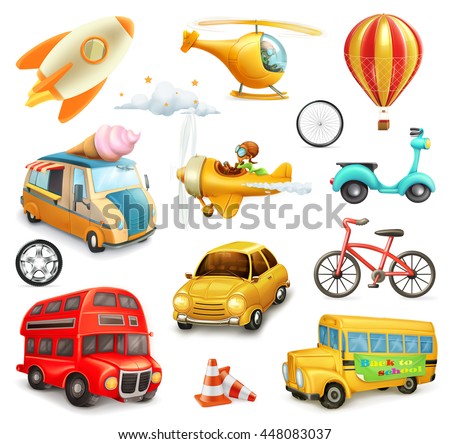 Funny cartoon transportation, cars and airplanes set of vector icons - stock vector Funny cartoon transportation, cars and airplanes set of vector icons - stock vector