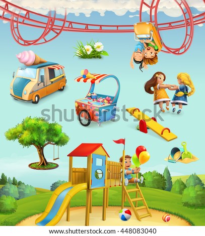 Children playground, outdoor games in the park, characters and objects set of vector icons - stock vector Children playground, outdoor games in the park, characters and objects set of vector icons - stock vector