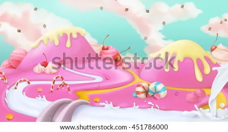 Candy land. Pink sweet landscape, vector 3d background - stock vector Candy land. Pink sweet landscape, vector 3d background - stock vector