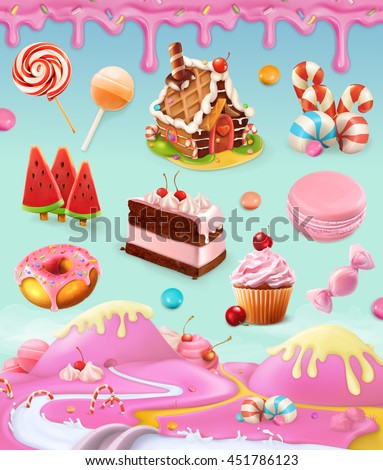 Confectionery and desserts, cake, cupcake, candy, lollipop, whipped cream, icing, set of vector graphics objects with sweet pink background, mesh illustration - stock vector Confectionery and desserts, cake, cupcake, candy, lollipop, whipped cream, icing, set of vector graphics objects with sweet pink background, mesh illustration - stock vector