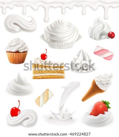 Whipped cream, milk, ice cream, cake, cupcake, candy. Sweet 3d vector icon set Whipped cream, milk, ice cream, cake, cupcake, candy. Sweet 3d vector icon set