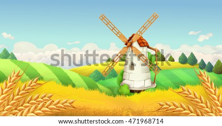 Wheat field. Windmill landscape. Horizontal background, vector Wheat field. Windmill landscape. Horizontal background, vector