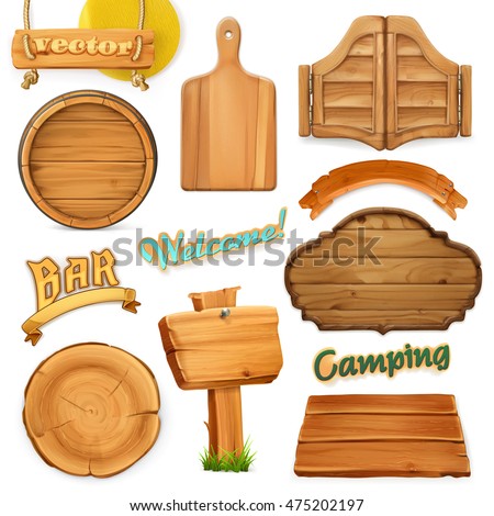 Wooden sign set. Template for logo, emblem. Wood texture. 3d vector icon Wooden sign set. Template for logo, emblem. Wood texture. 3d vector icon