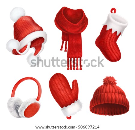 Winter clothes. Knitted hat. Christmas sock. Scarf. Mitten. Earmuffs. 3d vector icon Winter clothes. Knitted hat. Christmas sock. Scarf. Mitten. Earmuffs. 3d vector icon